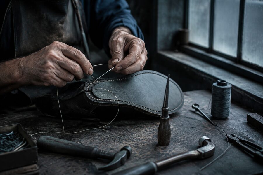 Werkstatt — Hände am Goodyear-Welt-Aufbau